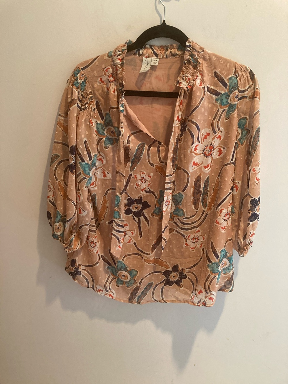 Joie Beige Floral Tie-Neck Blouse with Teal & Navy Accents medium